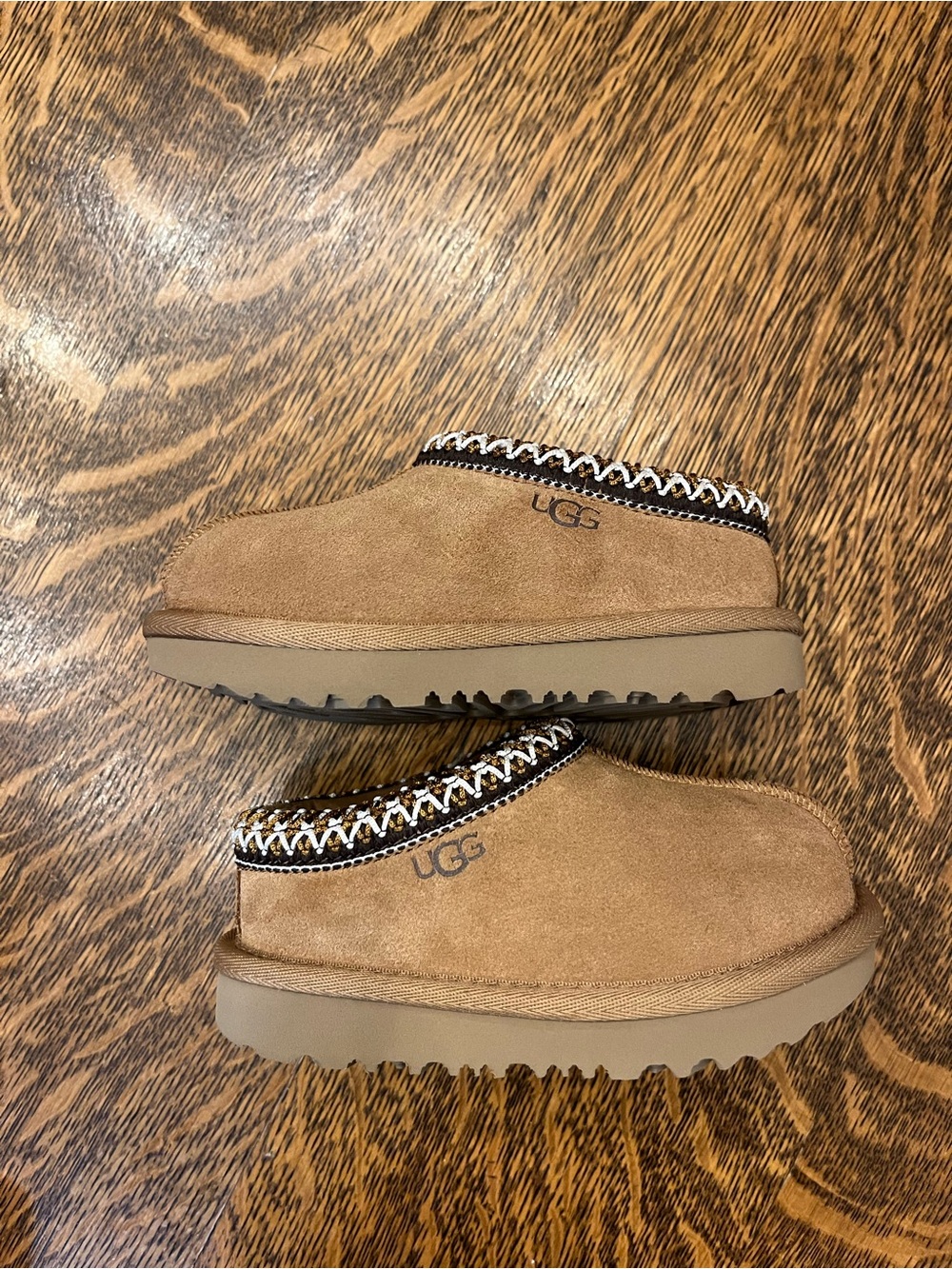 UGG Chestnut Suede Slip-On Clogs with Woven Trim